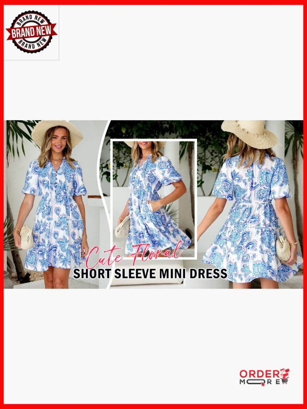 V Neck Floral Boho Mini Dress Short Sleeve Tiered Ruffle A-Line Summer - Picture 7 of 7
